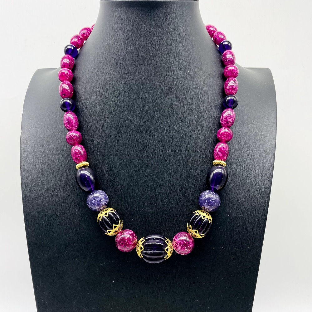 Pink Purple Multicolor Beaded Necklace Chunky Statement Boho Costume Jewelry